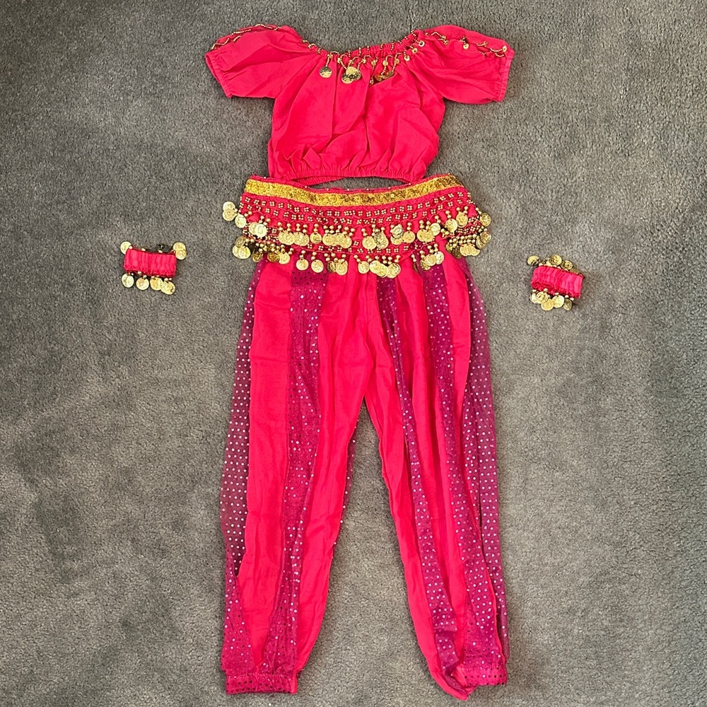 Girls’ Vibrant Pink Belly Dance Costume with Gold Accents